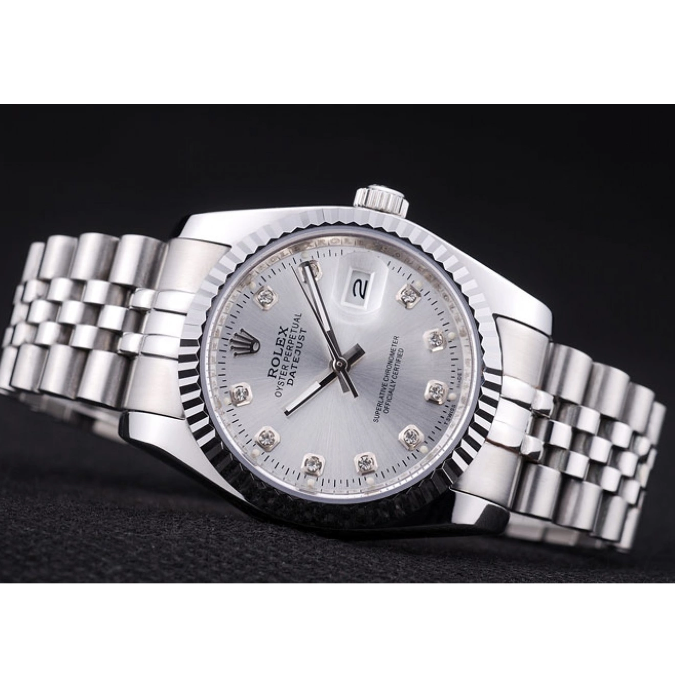 Rolex aaa copy 7455 Rolex Datejust Ribbed Diamonds Bezel Silver Dial 0216