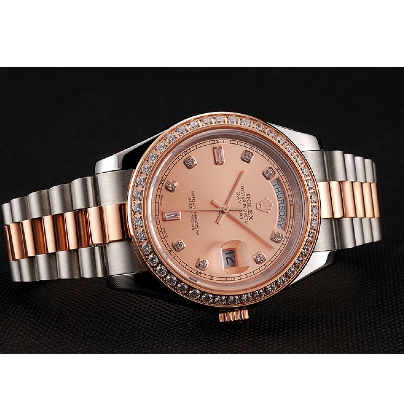 Good copy rolex watches 1454107 Bezel Gold Diamonds Swiss Steel Rose Bracelet And Staineless Day-Date Rolex 0220