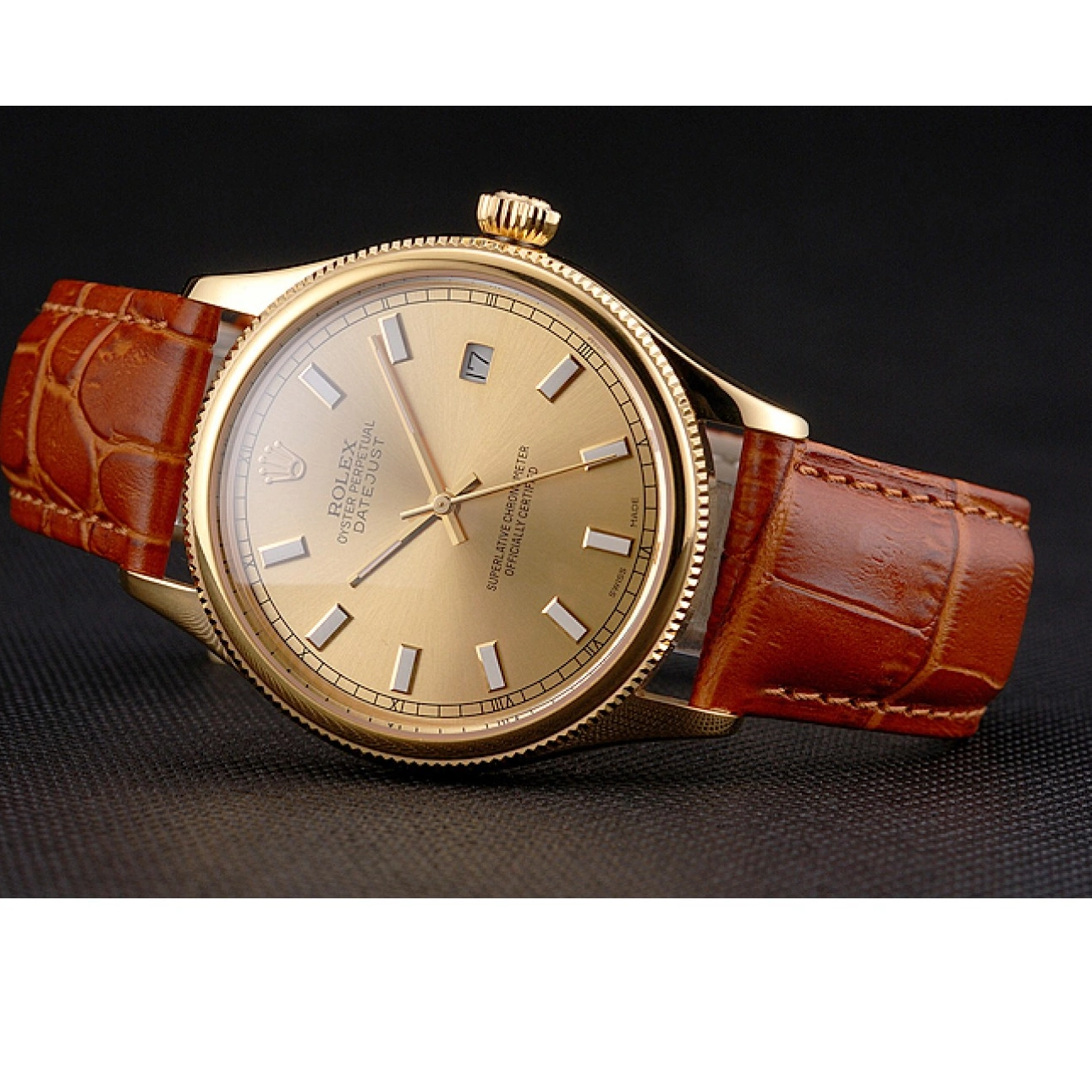 AAA replica watch Light Dial Gold Brown Datejust Swiss Leather Case Gold Strap Rolex 0212