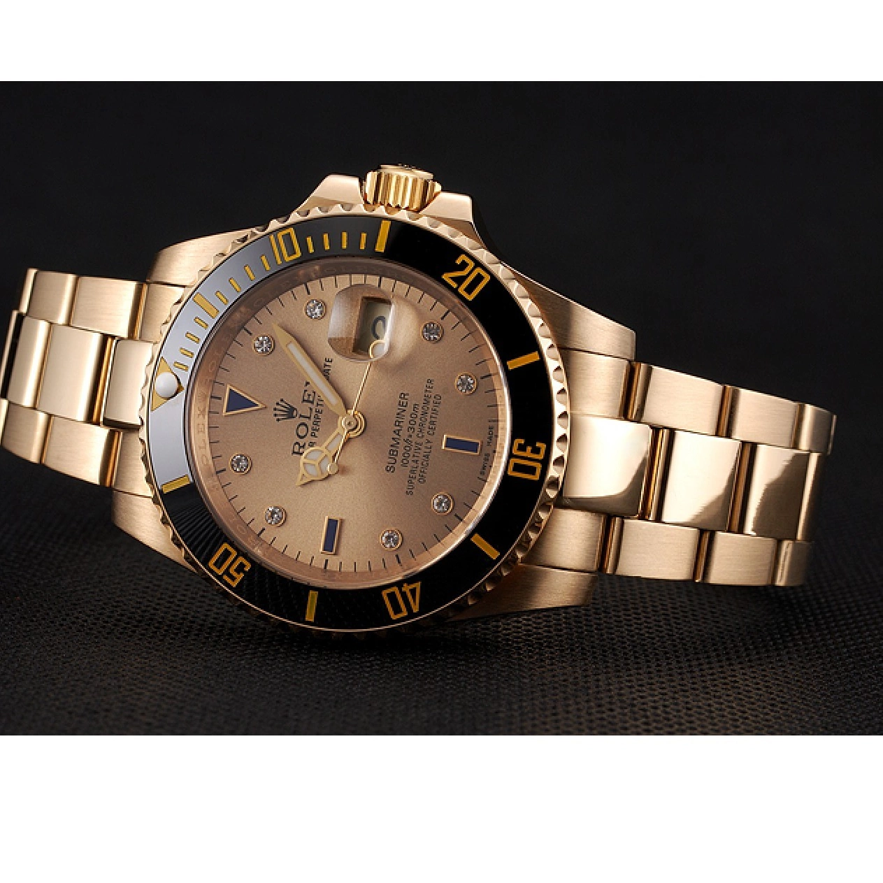 Good copy rolex watches Swiss Diamond Dial Submariner Bracelet Case With Bezel Black Rolex Gold Markings And Yellow Gold 0215