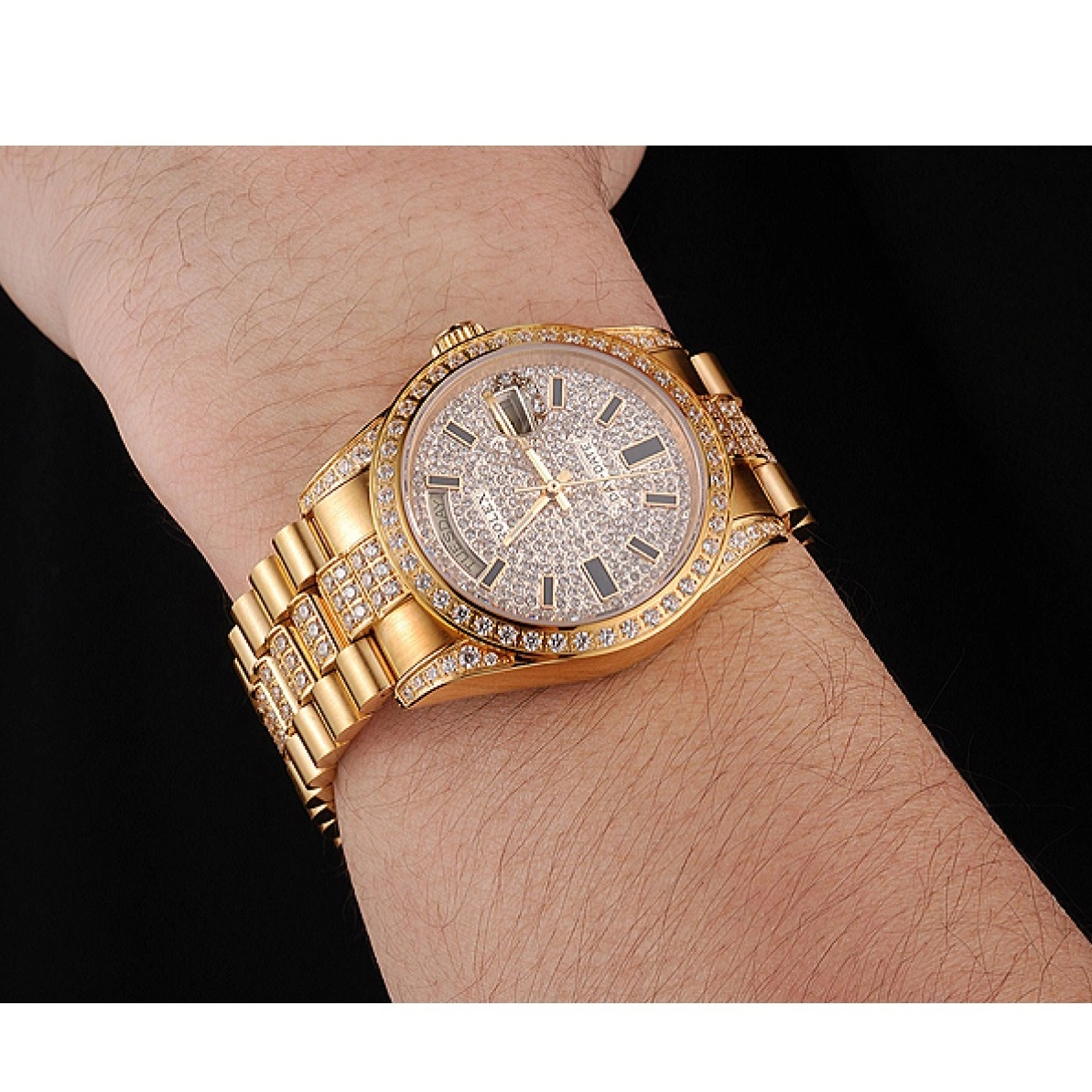 AAA replica watch Diamond Yellow Date Swiss Gold Pave Day Rolex 0211