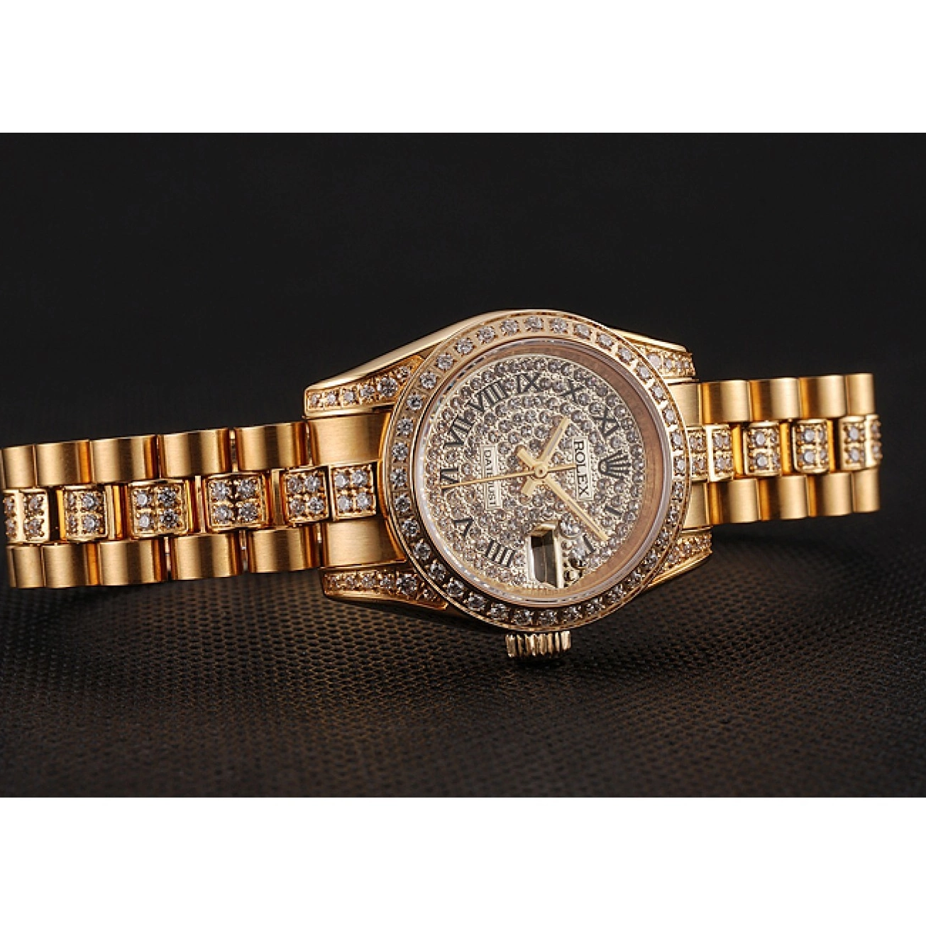 Good copy rolex watches Diamond Dial Pave Swiss Bracelet Diamond Gold 1453955 DayJust Rolex 0216