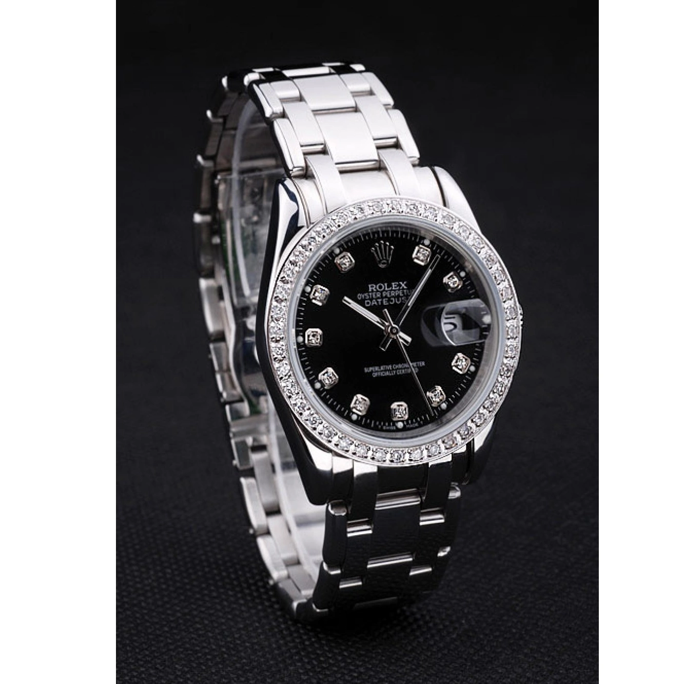 Good copy rolex watches Dial Black Diamond DateJust Stainless Steel Bracelet Rolex Bezel 0217