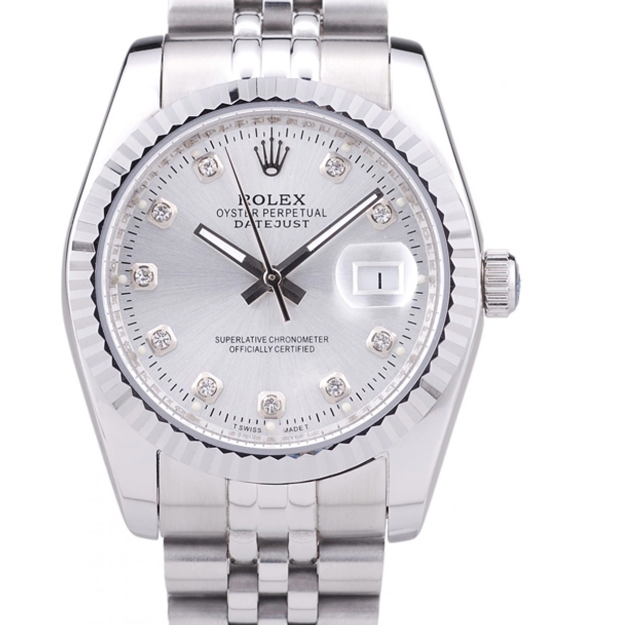 7455 Ribbed Bezel Dial Rolex Diamonds Datejust Silver 0306