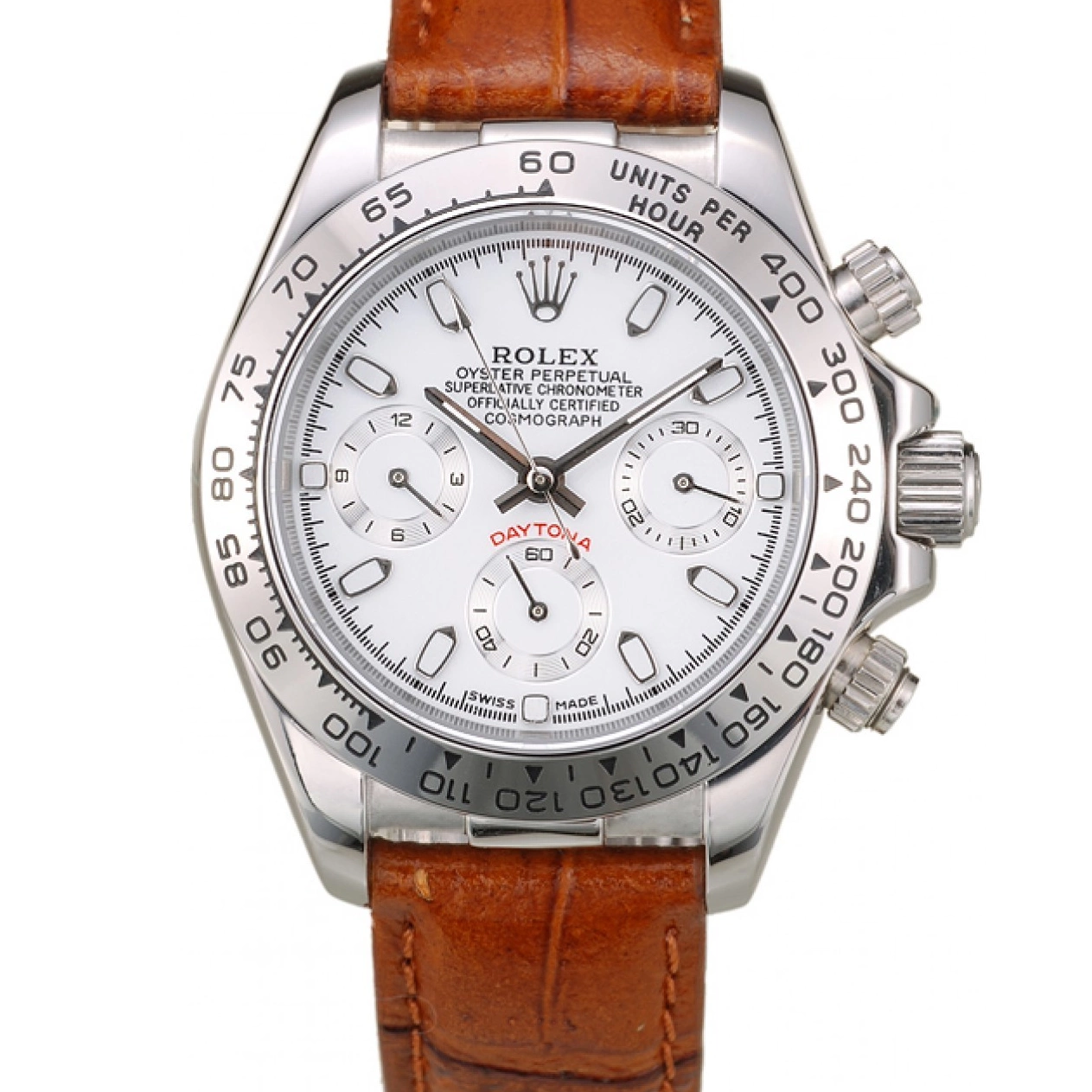 Lady Brown Tachymeter Case Rolex Steel Daytona Leather Stainless Strap Dial White 0305